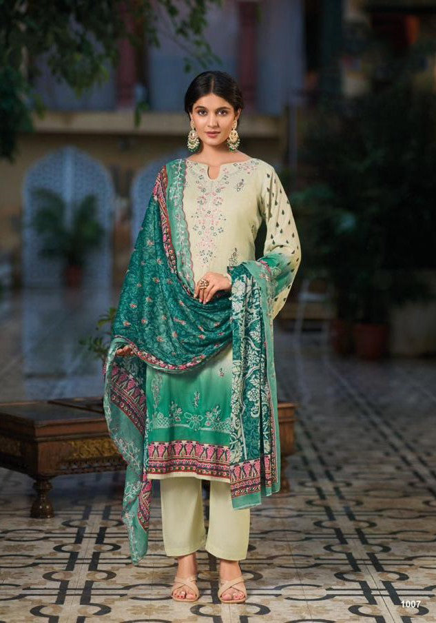 Heavy embroidered Suit with Embroidered Dupatta- Beige Green Ombre