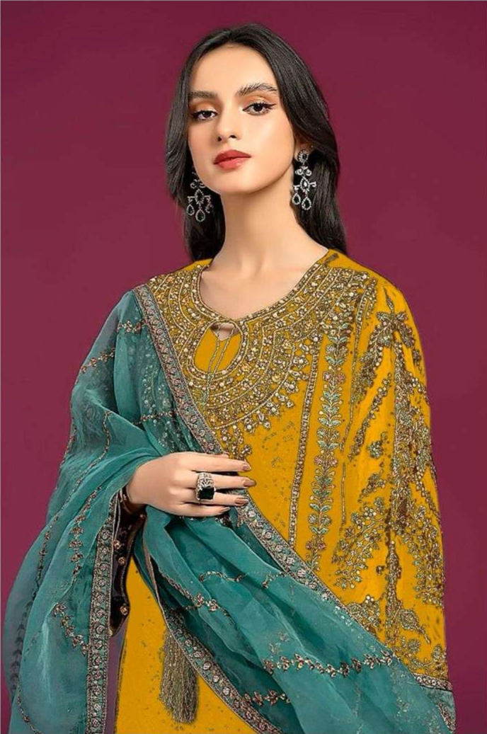 Unstitched Organza Embroidered Suit – Contrast Dupatta | Luxury Wedding Wear