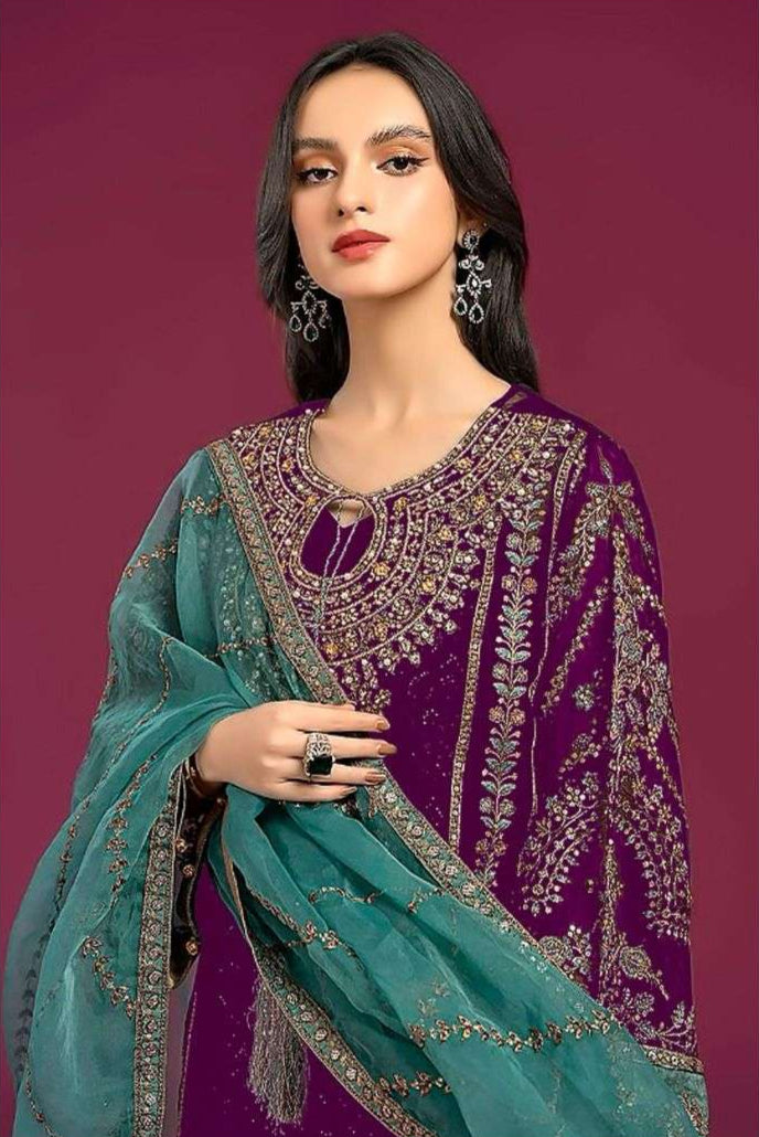 Unstitched Organza Embroidered Suit – Contrast Dupatta | Luxury Wedding Wear