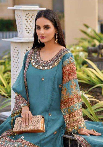 Pure Tissue Viscose Shimmer Set – Gota Patti & Rajwada Print | Sangeet & Mehndi Wear