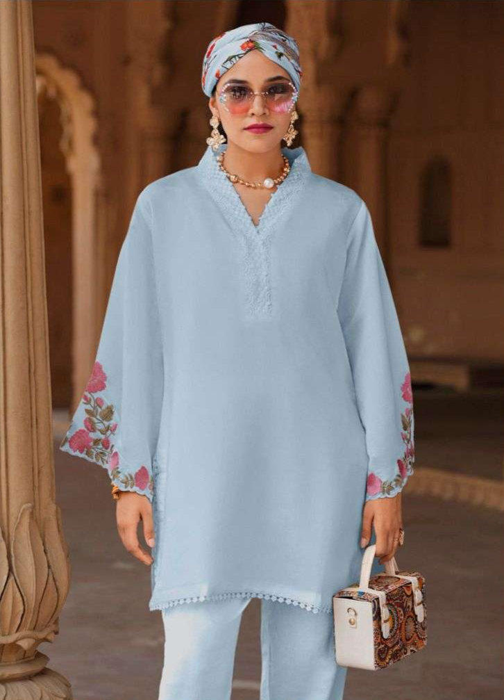 Viscose Silk Co-ord Set – Floral Embroidery & Lace Detailing | Modern Luxury Wear