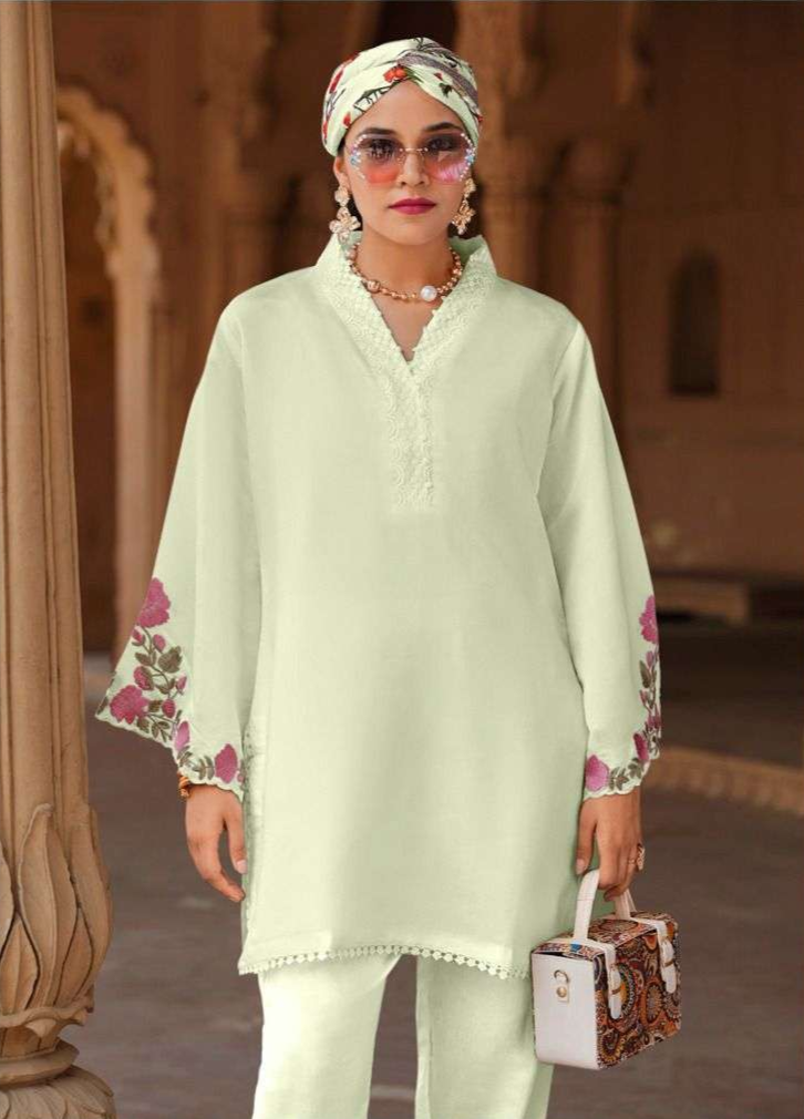 Viscose Silk Co-ord Set – Floral Embroidery & Lace Detailing | Modern Luxury Wear