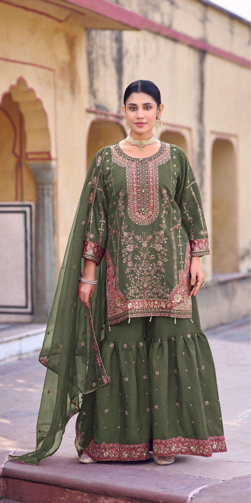 Readymade Silk Gharara Set – Antique Gold Embroidery | Wedding & Festive Wear