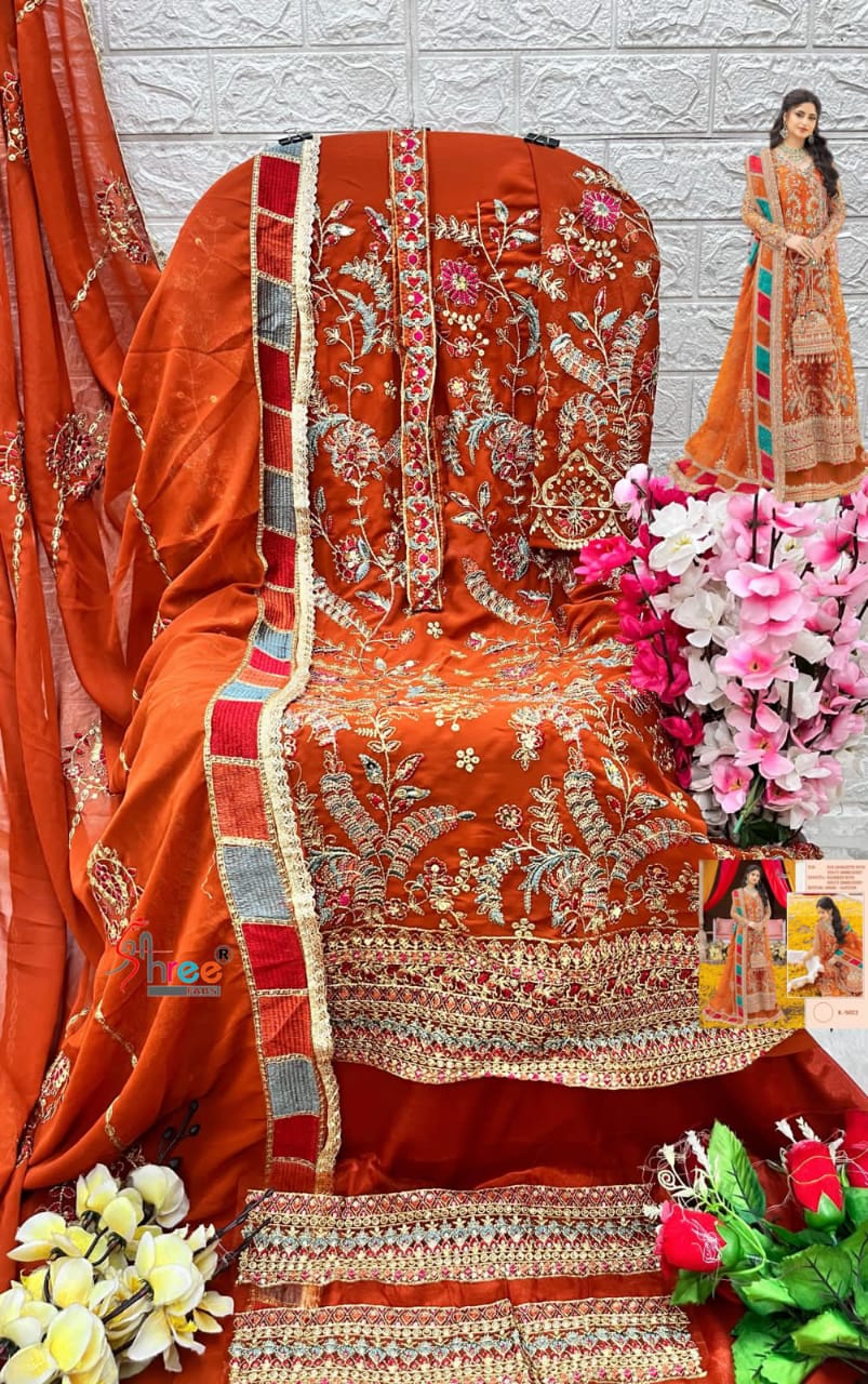Orange Georgette Unstitched Suit – Multicolor Embroidery & Patchwork | Haldi & Mehndi Wear