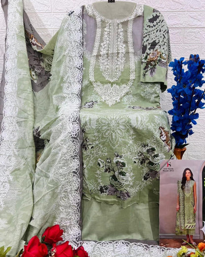 Self embroidered Suit with Embroidered Dupatta- Pastel Green