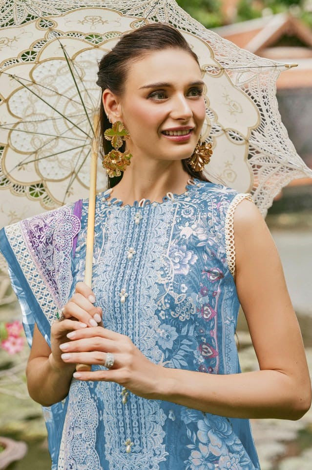 Self embroidered Suit with Embroidered Dupatta- Blue