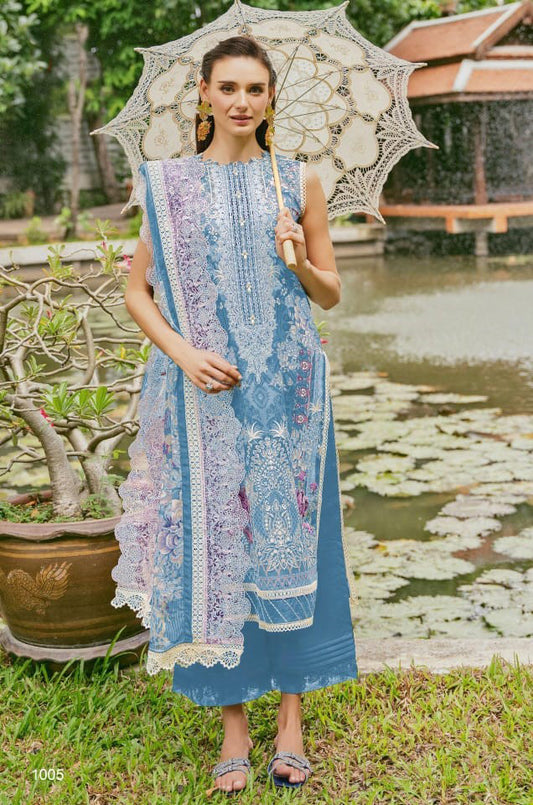 Self embroidered Suit with Embroidered Dupatta- Blue