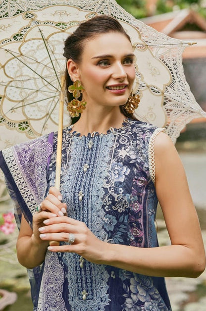 Self embroidered Suit with Embroidered Dupatta- Navy