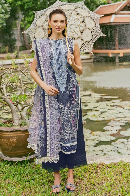 Self embroidered Suit with Embroidered Dupatta- Navy