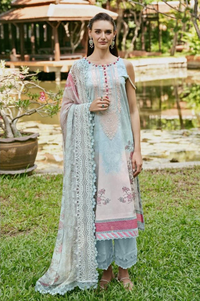 Self embroidered Suit with Embroidered Dupatta- Sky blue