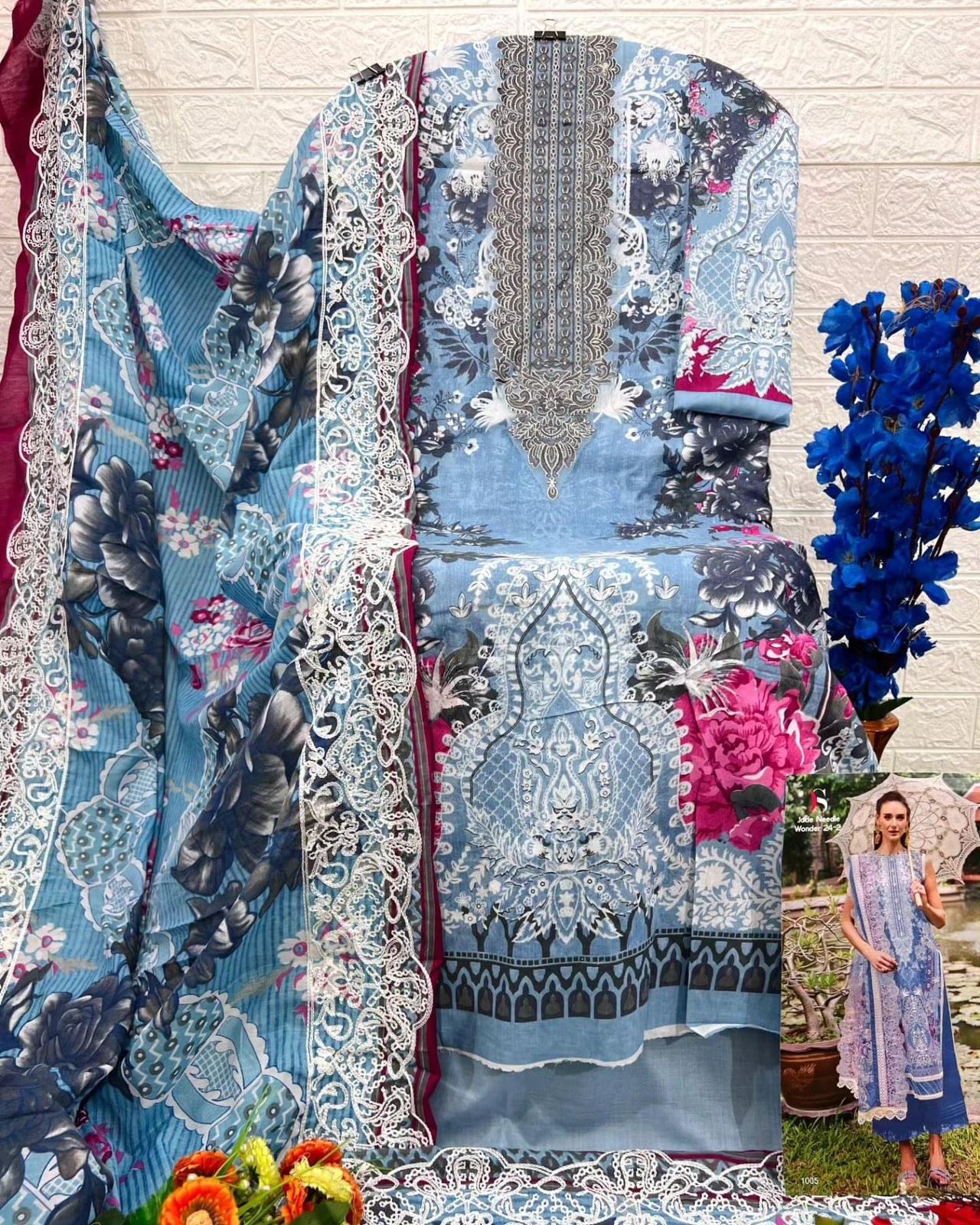 Self embroidered Suit with Embroidered Dupatta- Blue