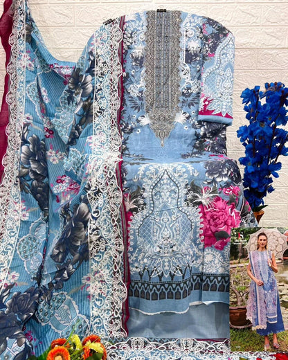 Self embroidered Suit with Embroidered Dupatta- Blue