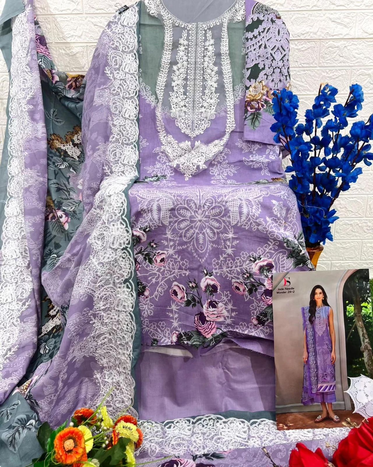 Self embroidered Suit with Embroidered Dupatta- Lilac