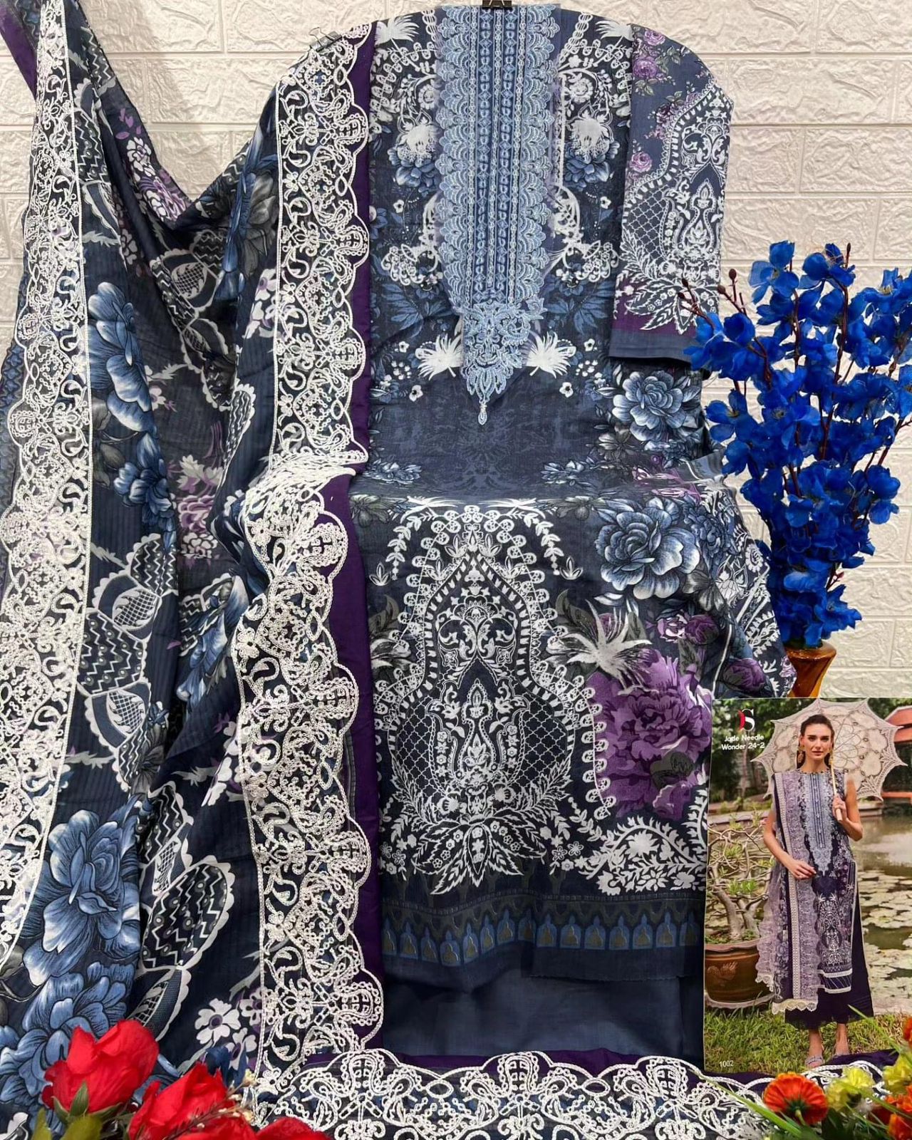 Self embroidered Suit with Embroidered Dupatta- Navy