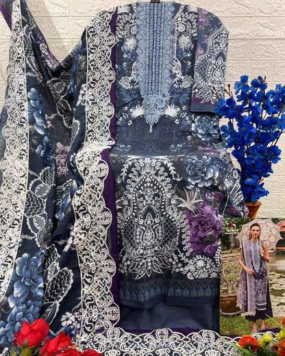 Self embroidered Suit with Embroidered Dupatta- Navy