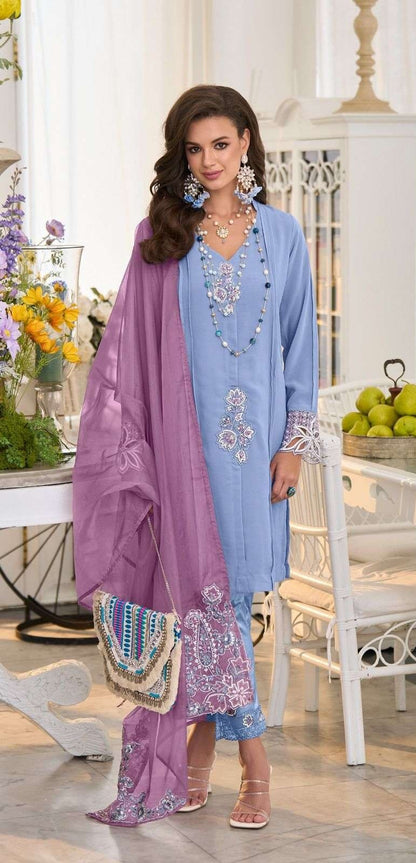 Georgette Designer Suit Set with Hand Embroidery & Contrast Dupatta