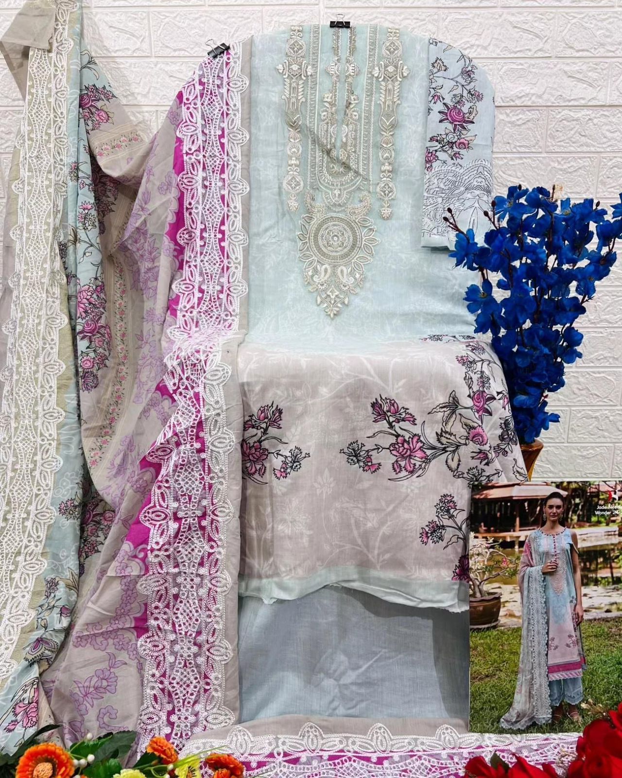 Self embroidered Suit with Embroidered Dupatta- Sky blue