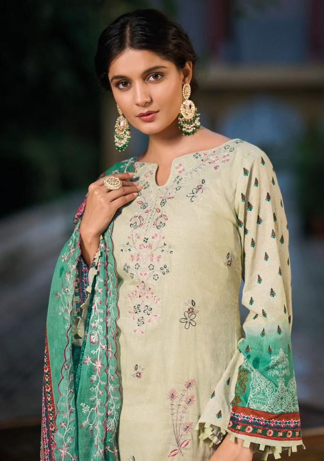 Heavy embroidered Suit with Embroidered Dupatta- Beige Green Ombre