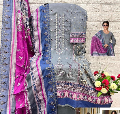 Heavy embroidered Suit with Embroidered Dupatta- Grey