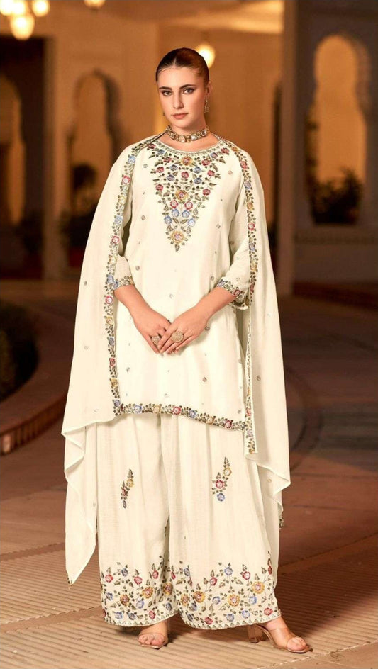 Pure Chinon Embroidered Palazzo Suit – Lightweight & Elegant | Silver Work | Eid 2025 Wear