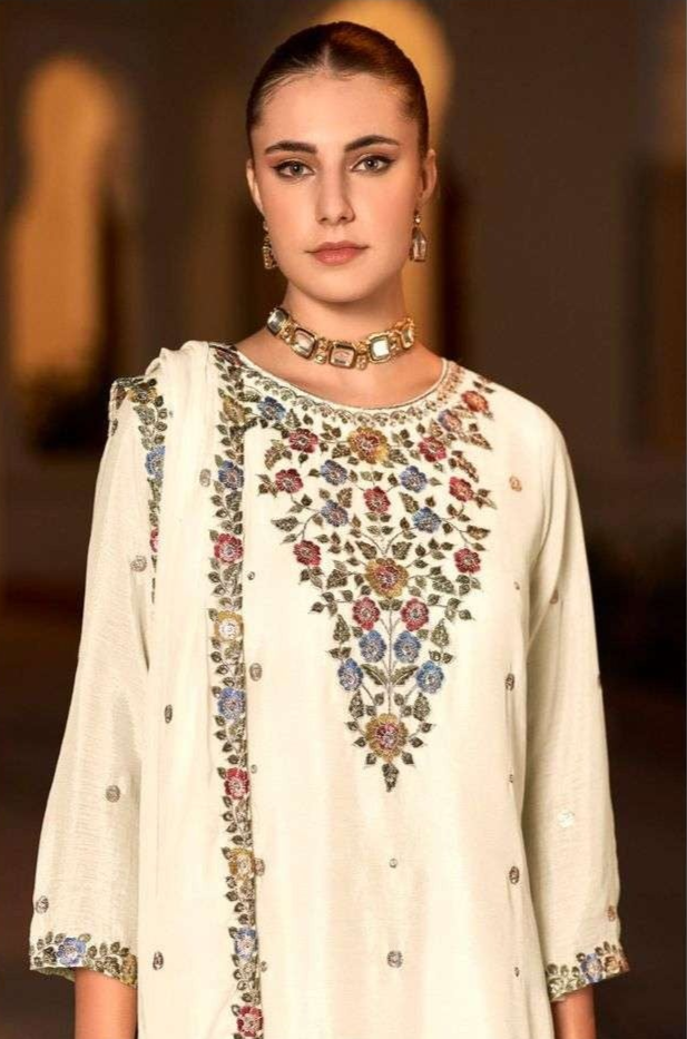 Pure Chinon Embroidered Palazzo Suit – Lightweight & Elegant | Silver Work | Eid 2025 Wear