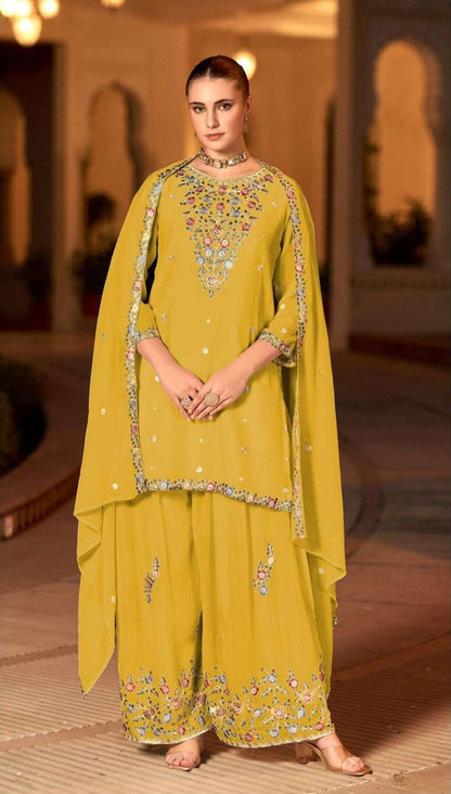 Pure Chinon Embroidered Palazzo Suit – Lightweight & Elegant | Silver Work | Eid 2025 Wear