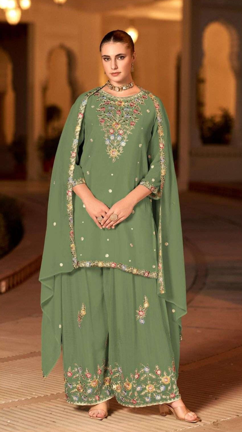 Pure Chinon Embroidered Palazzo Suit – Lightweight & Elegant | Silver Work | Eid 2025 Wear