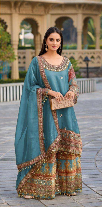 Pure Tissue Viscose Shimmer Set – Gota Patti & Rajwada Print | Sangeet & Mehndi Wear