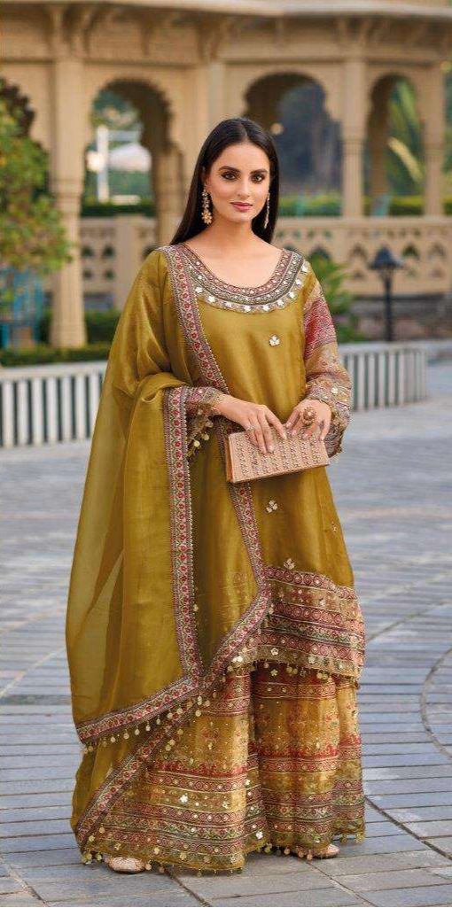 Pure Tissue Viscose Shimmer Set – Gota Patti & Rajwada Print | Sangeet & Mehndi Wear