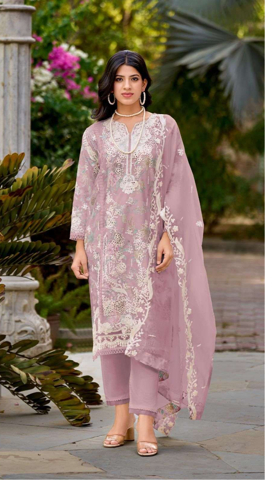 Readymade Organza Embroidered Suit – Floral Satin Inner & Cutwork Dupatta | Luxe Ethnic Wear