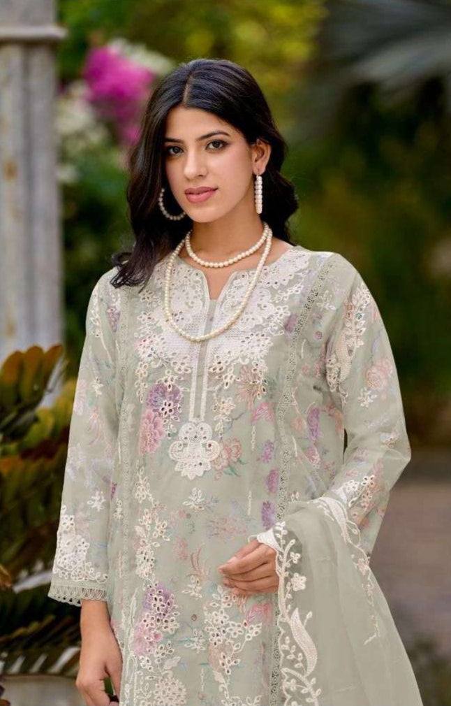 Readymade Organza Embroidered Suit – Floral Satin Inner & Cutwork Dupatta | Luxe Ethnic Wear