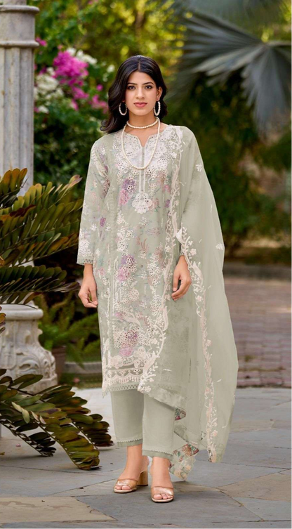 Readymade Organza Embroidered Suit – Floral Satin Inner & Cutwork Dupatta | Luxe Ethnic Wear