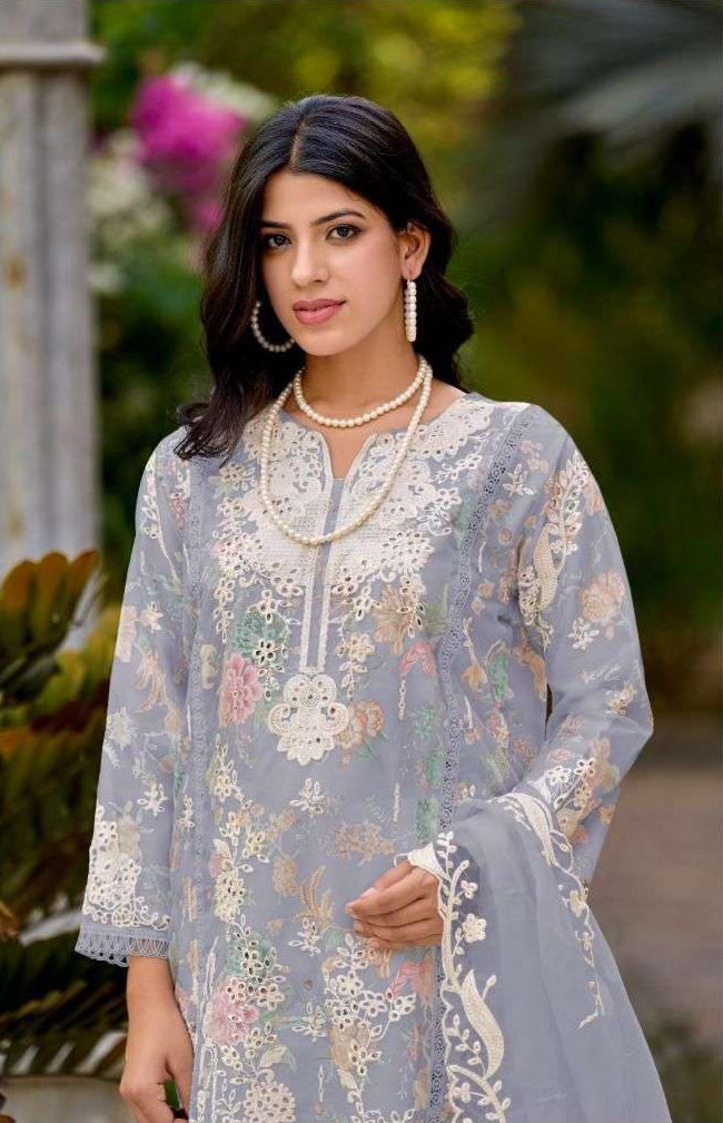 Readymade Organza Embroidered Suit – Floral Satin Inner & Cutwork Dupatta | Luxe Ethnic Wear