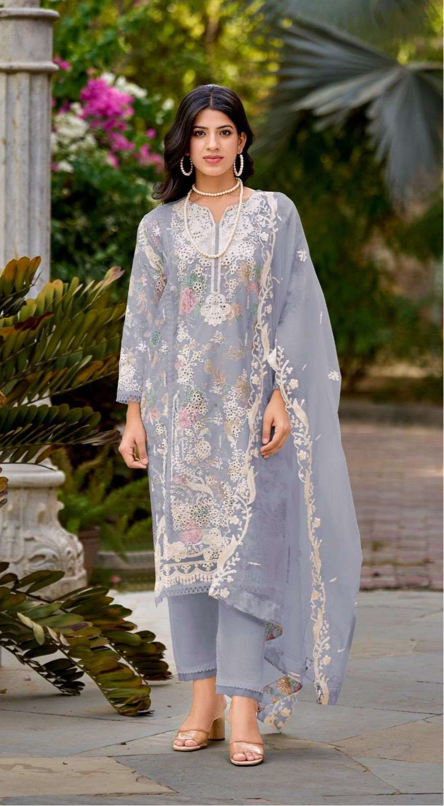 Readymade Organza Embroidered Suit – Floral Satin Inner & Cutwork Dupatta | Luxe Ethnic Wear