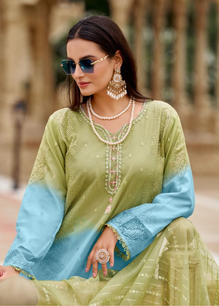 Readymade Ombre Organza Suit – Pearl & Sequin Embroidery | Elegant Festive Wear