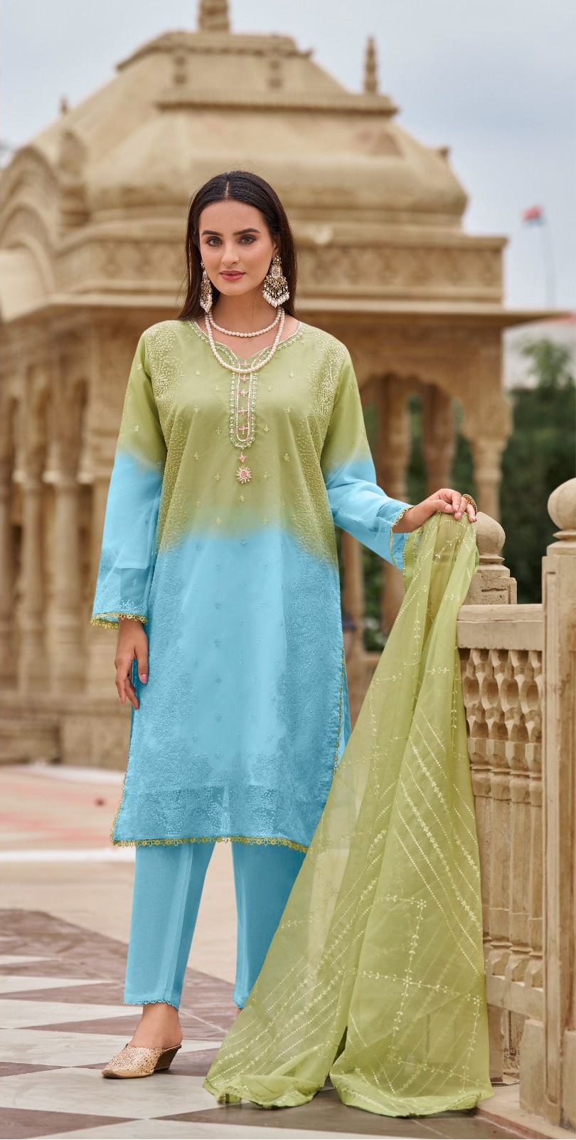 Readymade Ombre Organza Suit – Pearl & Sequin Embroidery | Elegant Festive Wear