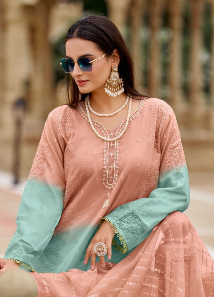 Readymade Ombre Organza Suit – Pearl & Sequin Embroidery | Elegant Festive Wear