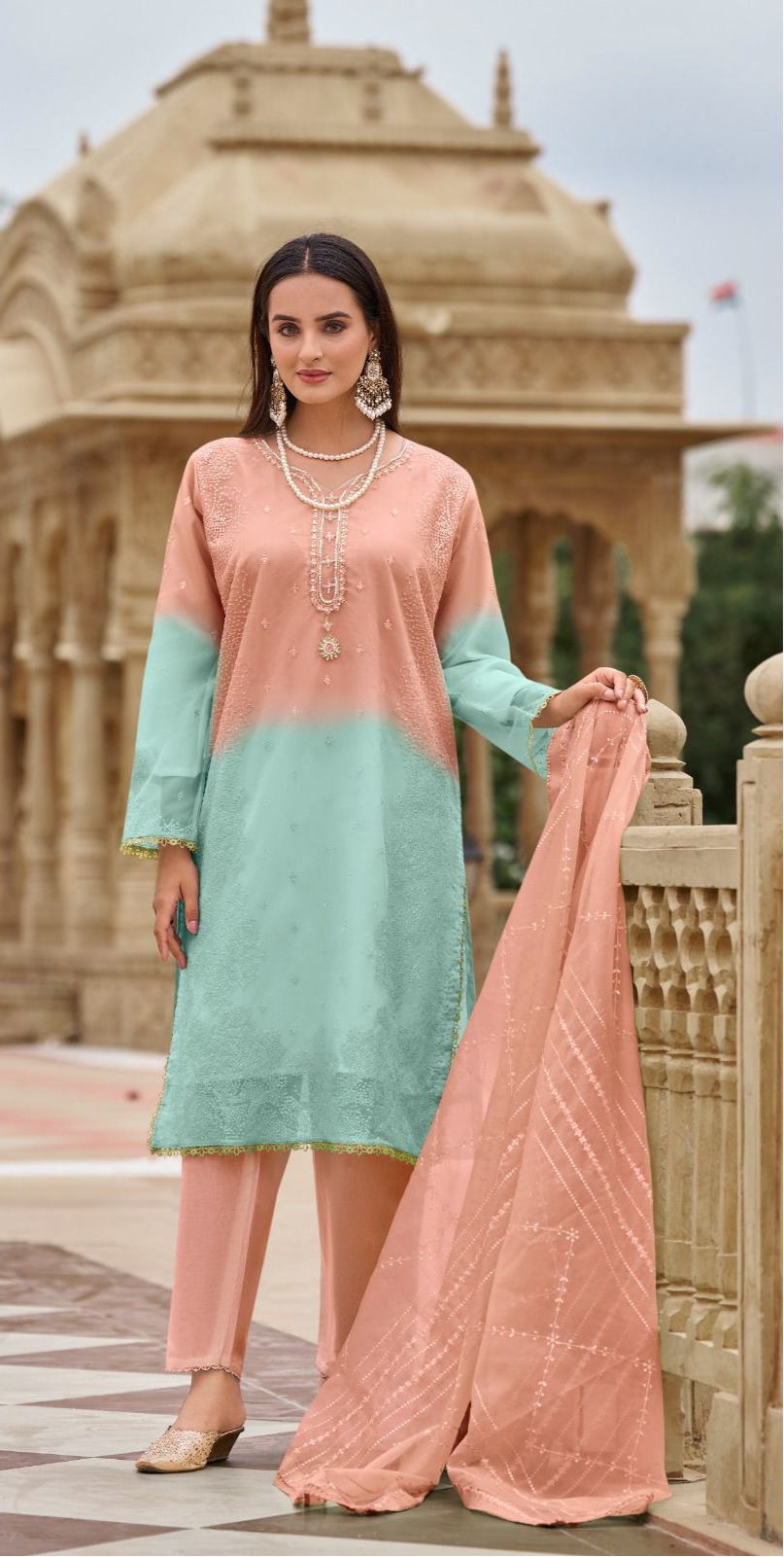 Readymade Ombre Organza Suit – Pearl & Sequin Embroidery | Elegant Festive Wear