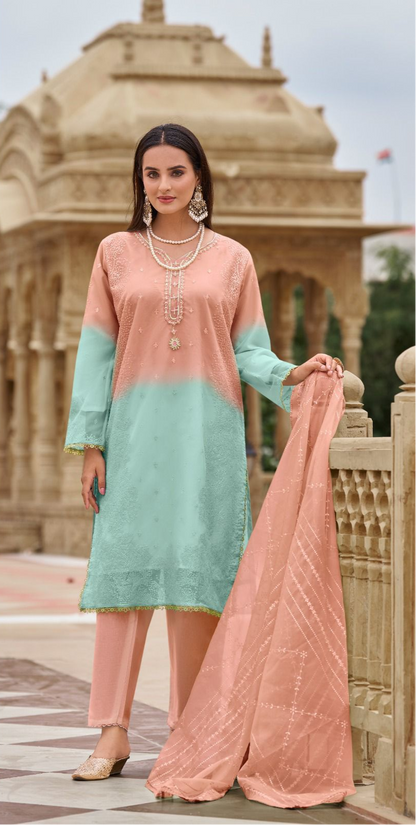 Readymade Ombre Organza Suit – Pearl & Sequin Embroidery | Elegant Festive Wear