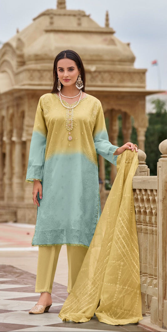 Readymade Ombre Organza Suit – Pearl & Sequin Embroidery | Elegant Festive Wear