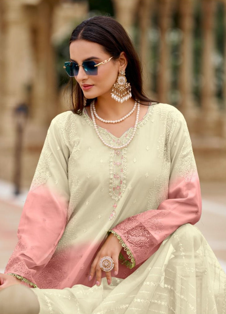 Readymade Ombre Organza Suit – Pearl & Sequin Embroidery | Elegant Festive Wear