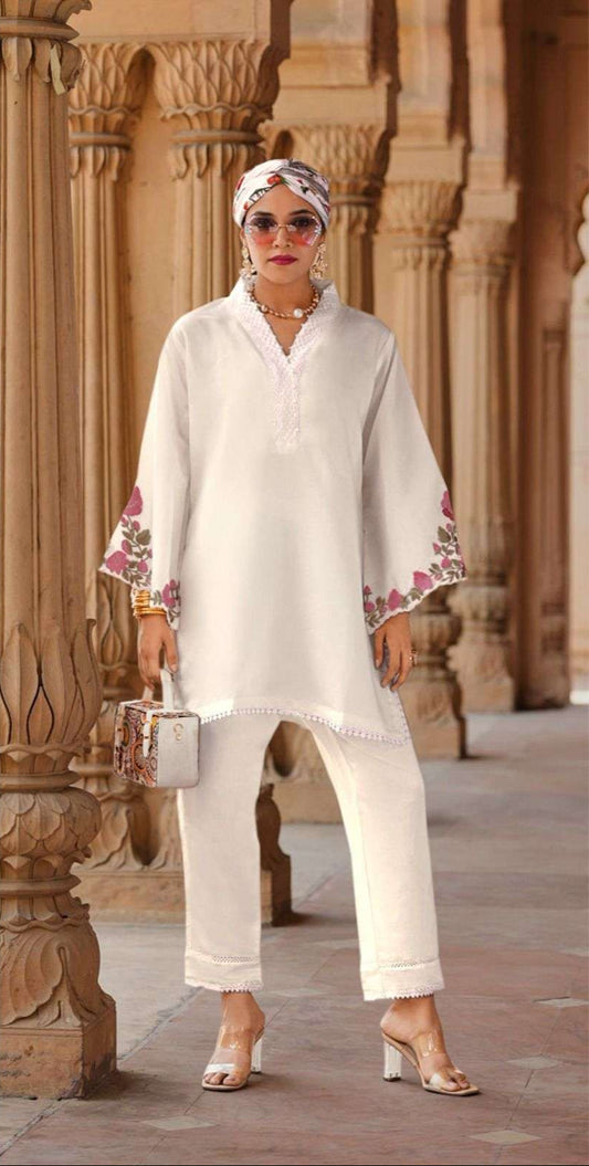 Viscose Silk Co-ord Set – Floral Embroidery & Lace Detailing | Modern Luxury Wear