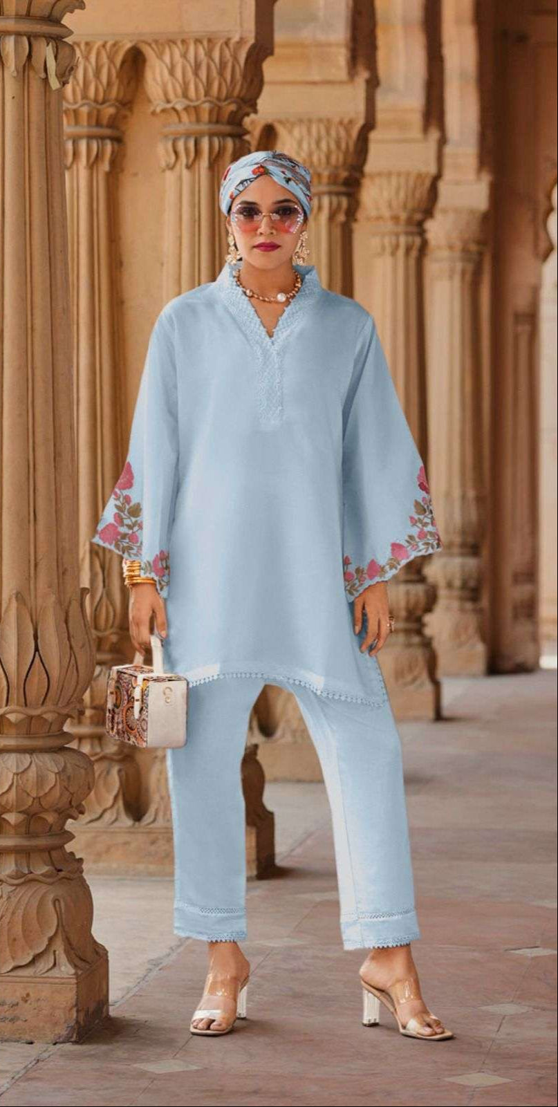 Viscose Silk Co-ord Set – Floral Embroidery & Lace Detailing | Modern Luxury Wear