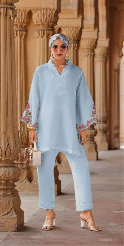 Viscose Silk Co-ord Set – Floral Embroidery & Lace Detailing | Modern Luxury Wear