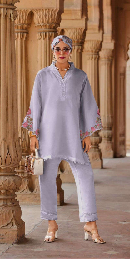 Viscose Silk Co-ord Set – Floral Embroidery & Lace Detailing | Modern Luxury Wear