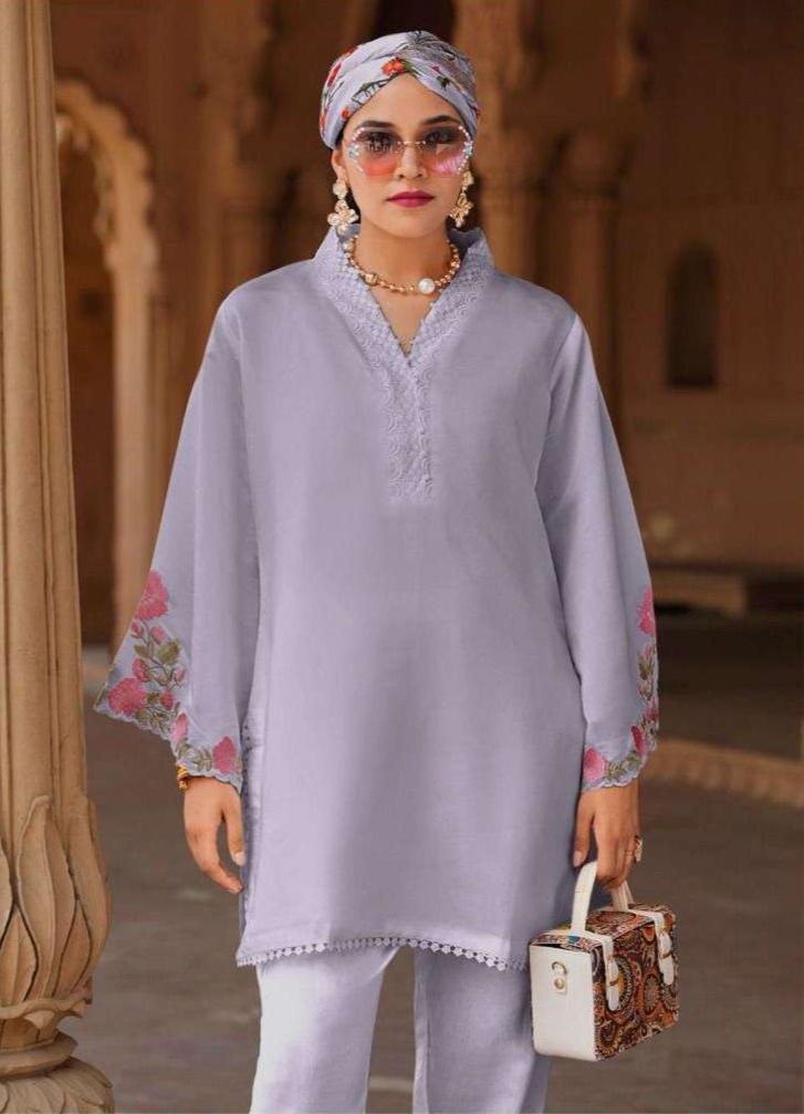 Viscose Silk Co-ord Set – Floral Embroidery & Lace Detailing | Modern Luxury Wear