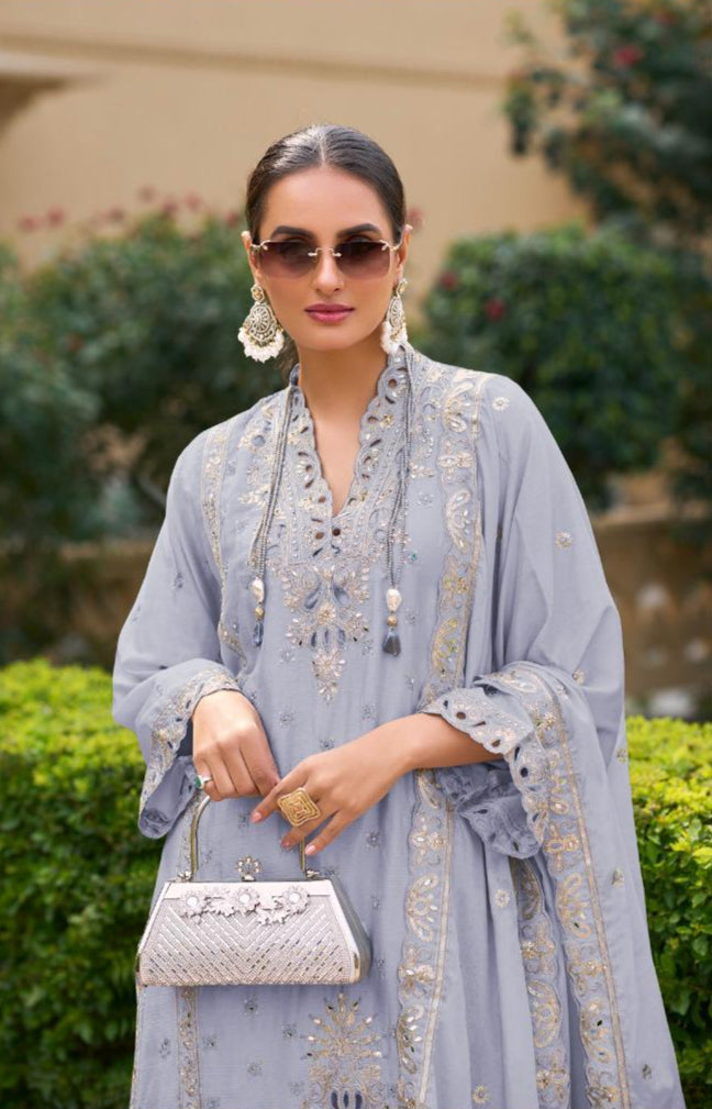 Luxury Pure Chinon Palazzo Suit – Cutwork & Zari Embroidery | Festive & Wedding Wear