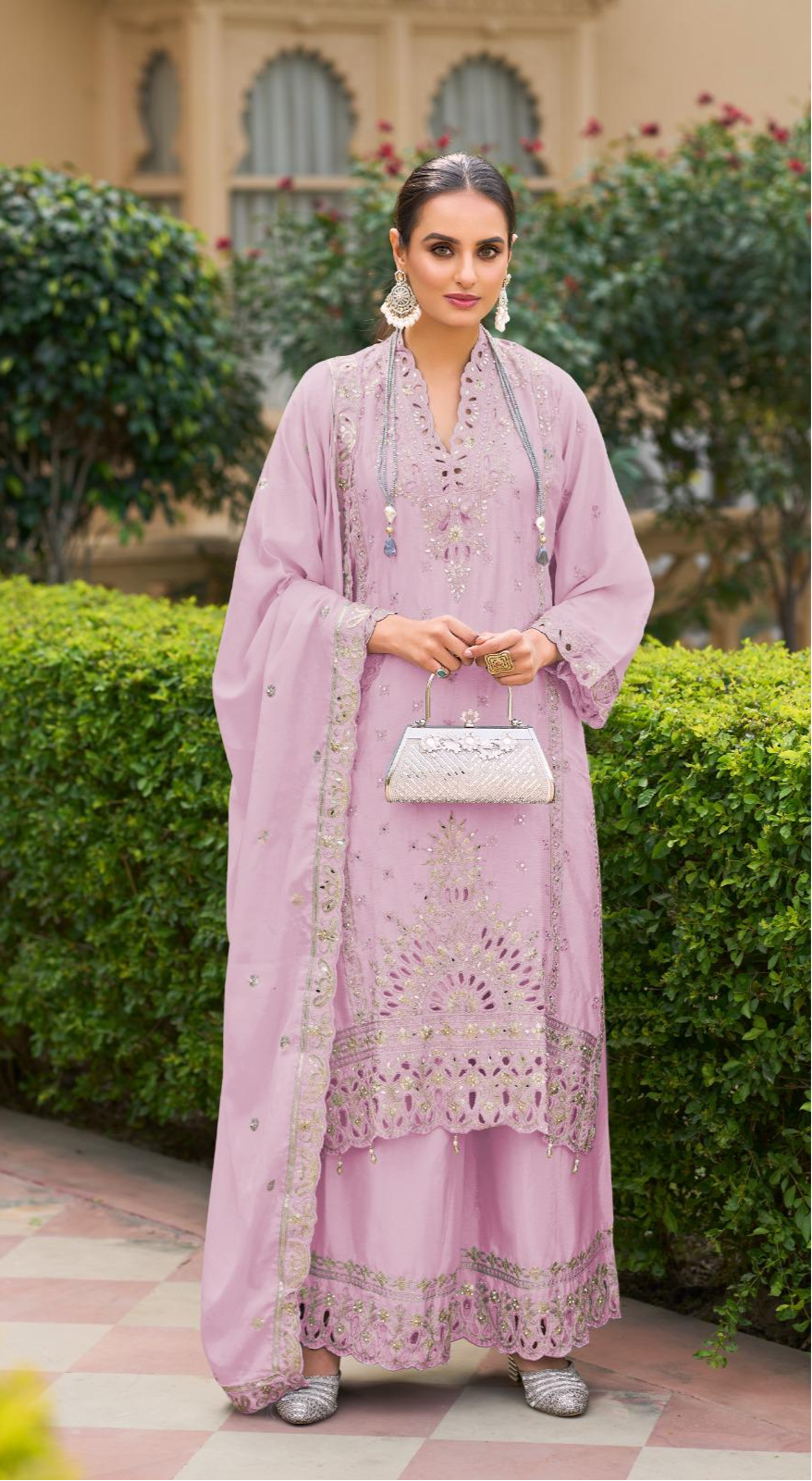 Luxury Pure Chinon Palazzo Suit – Cutwork & Zari Embroidery | Festive & Wedding Wear