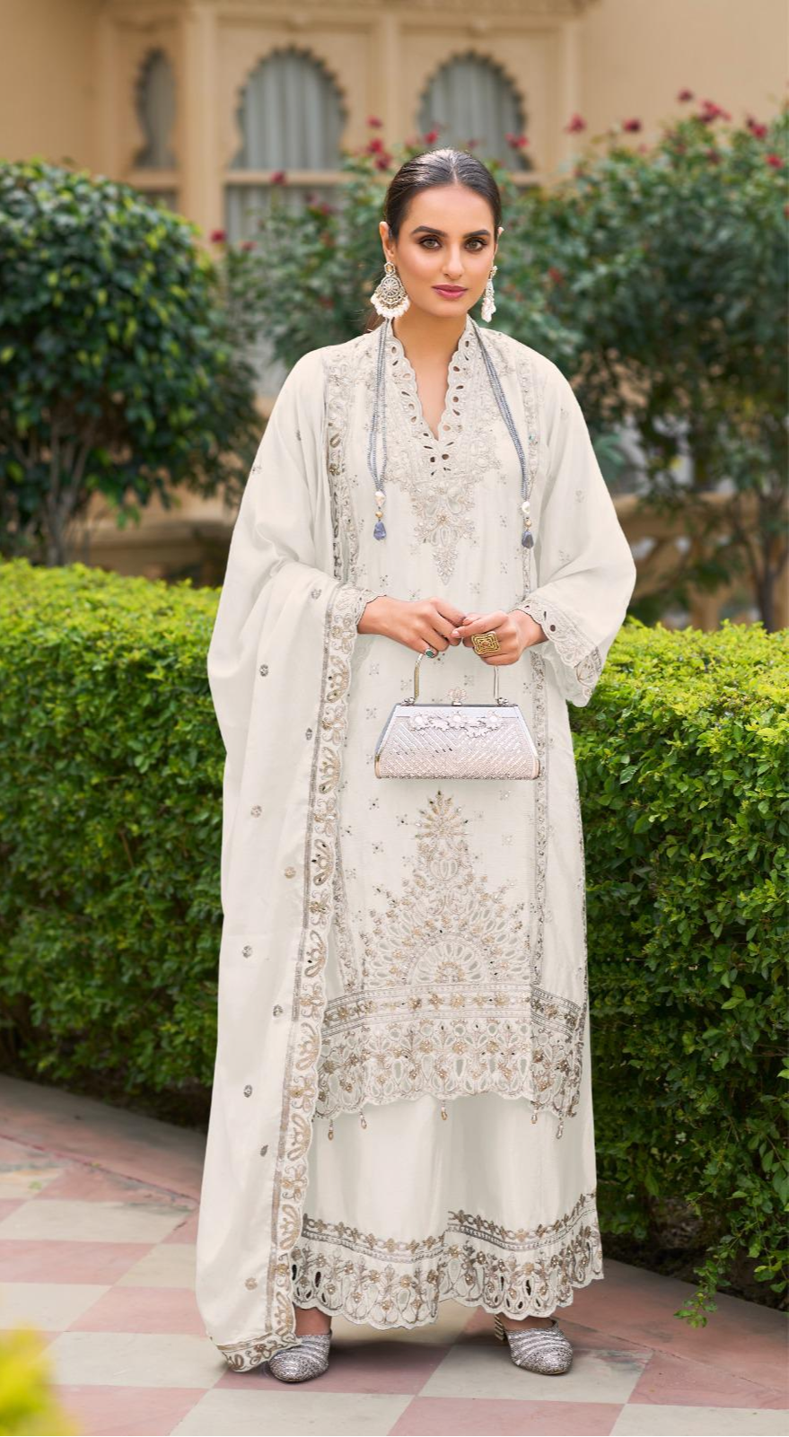 Luxury Pure Chinon Palazzo Suit – Cutwork & Zari Embroidery | Festive & Wedding Wear