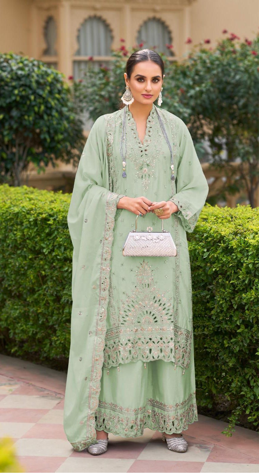 Luxury Pure Chinon Palazzo Suit – Cutwork & Zari Embroidery | Festive & Wedding Wear
